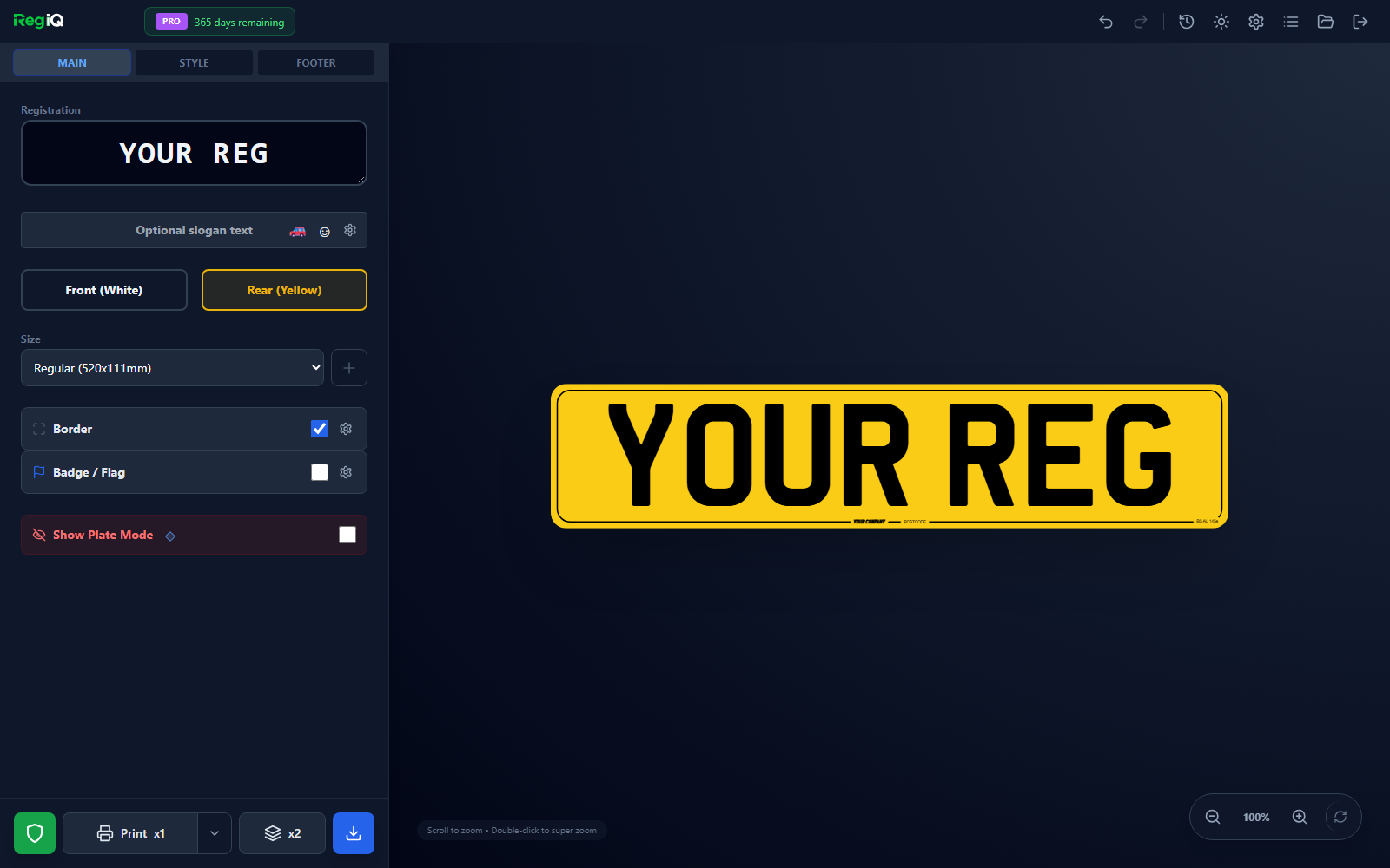 The RegIQ plate designer showing a UK number plate being edited